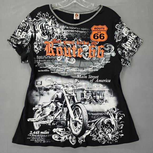 Big Bang Route 66 Graphic Short Sleeve Shirt Womens Size Large Black Cotton Tee - Picture 1 of 8